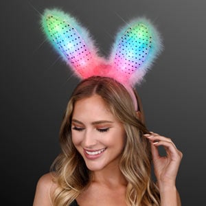 Woman wearing LED Light Up Pink & White Bunny Ears headband