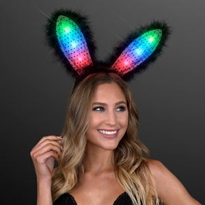 Woman displaying LED Light Up Black Bunny Ears Headband