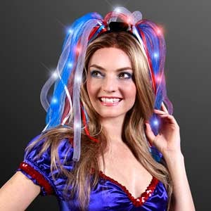 Woman wearing Red White & Blue Light Up Hair Noodle Headband