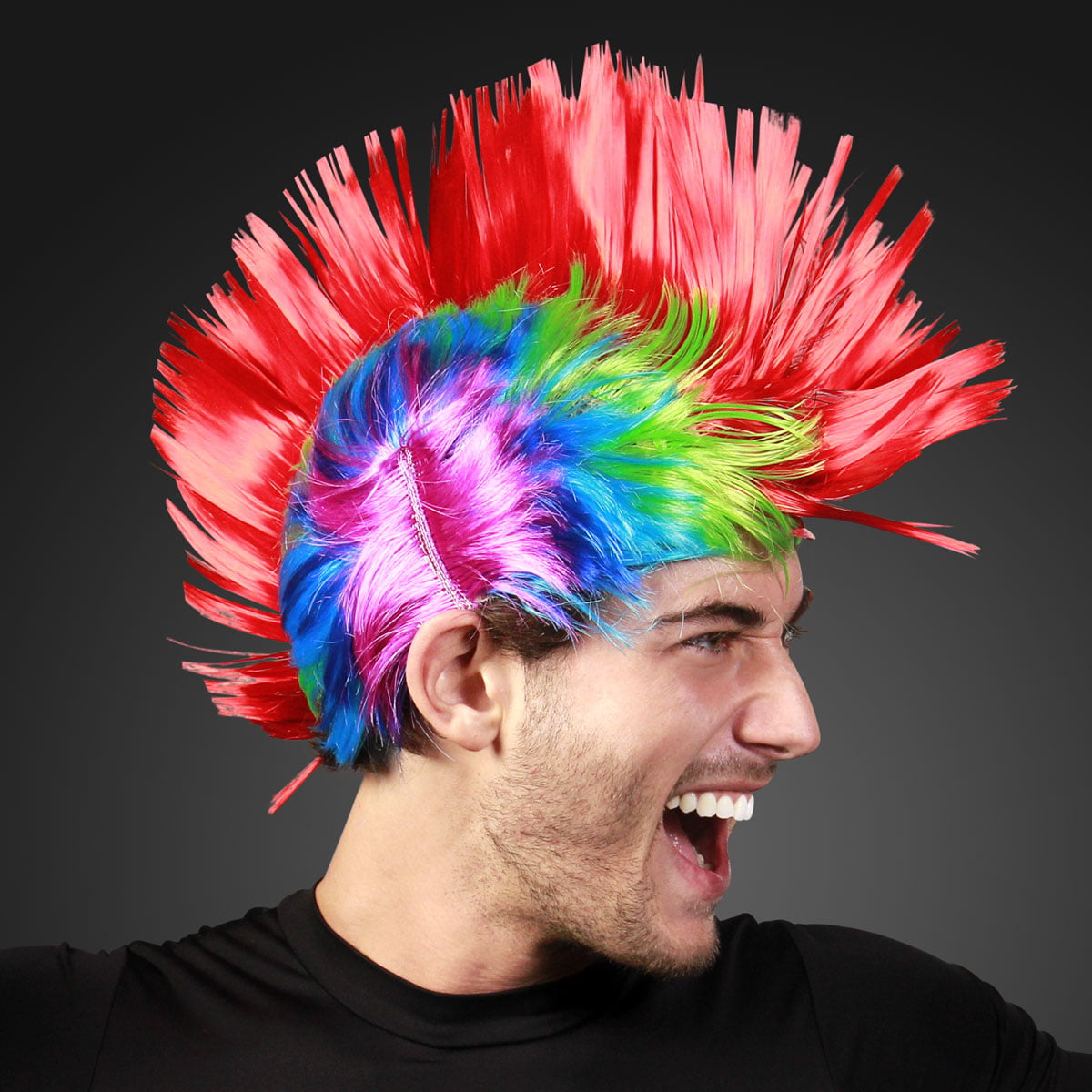 Model displaying the flashing, blinking red LED light up Punk Rock Mohawk Wig 
