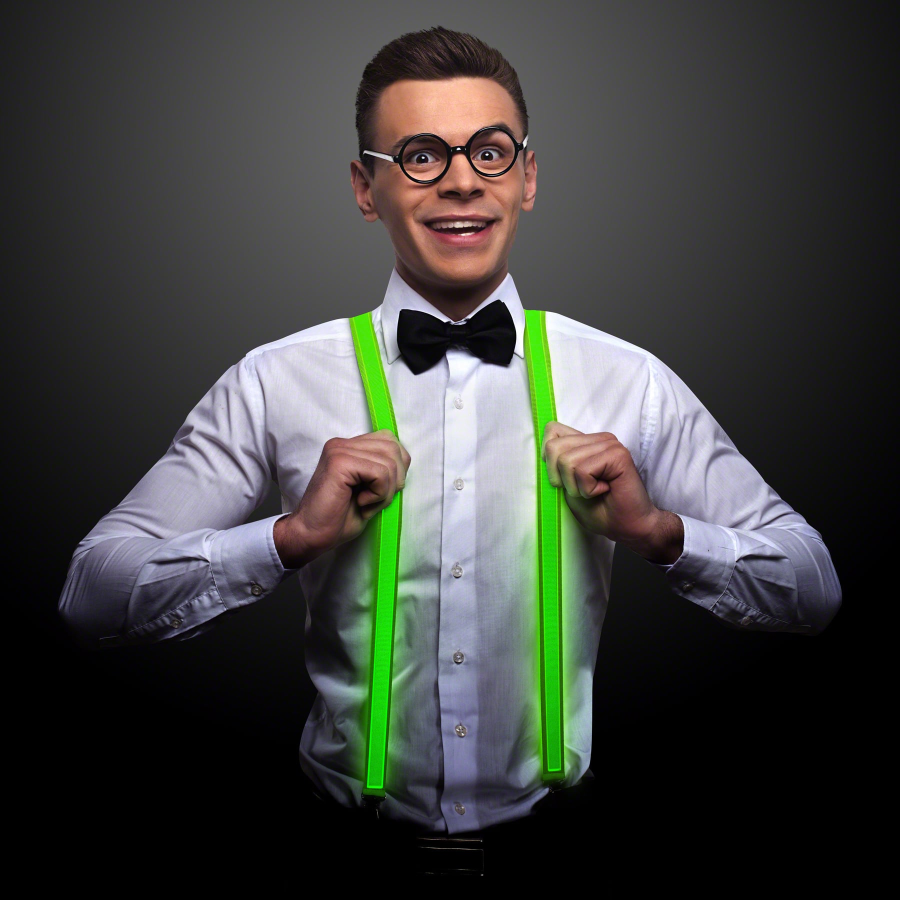 Model displaying green Light Up, flashing LED Suspenders