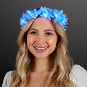 Woman wearing Blue Light Up Flower LED Headband