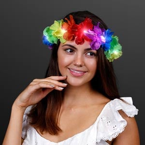 Female wearing Light Up Rainbow LED Flower Stretch Headband