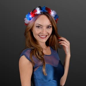 Woman wearing Light Up Red White & Blue Stretch Flower Crown