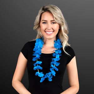 Woman wearing Blue Flower Lei Necklace