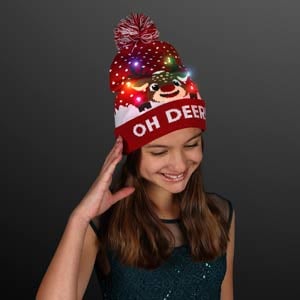 Girl wearing Reindeer Lights Blinky Beanie Holiday Hat