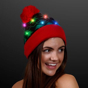 Longles Christmas Hat for Adults Christmas Beanie Hat LED Light-up Knit Hat Beanie Hairball Warm Cap Gifts 