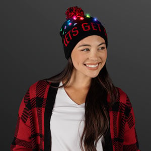 Woman wearing "Get Lit" Blinky Bulbs Beanie Hat