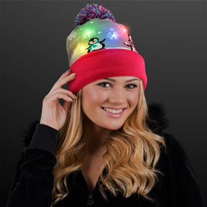 INOGIH LED Light-up Beanie-Women Christmas Hat Unisex Knitted Holiday Hats with Pompom 
