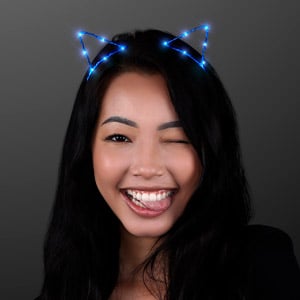 Model wearing Blue Light Up Cat Ear LED Headband