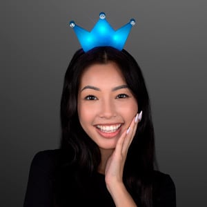 Woman displaying Blue Light Up Crown Tiara LED Headband