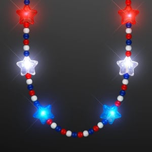 Woman displaying Light Up Red White & Blue Star Beaded Necklace