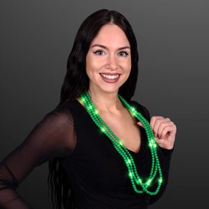 Woman displaying Light Up Green Beaded Necklace, No-Flash