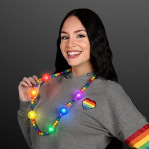 Woman displaying Light Up Rainbow Beads LED Party Necklace
