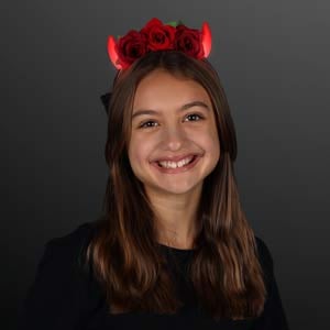 Girl wearing Red Roses LED Devil Horns with Flowers