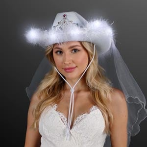 White Light Up Cowgirl Hat with Veil
