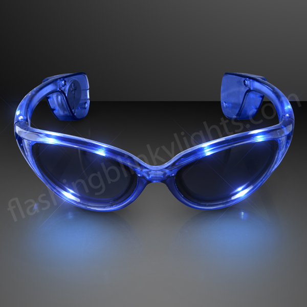 1 BLUE LED FLASHING SUNGLASSES Light Up Toy Battery Party Rave Glasses Cat Eyes 