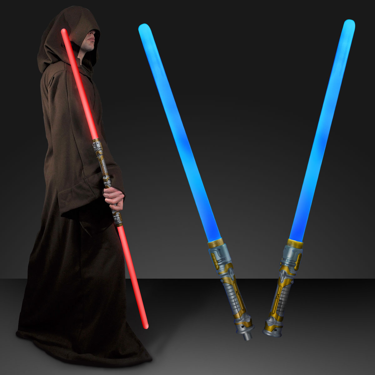 A person in a dark hooded robe holds a Double Sided Swords Saber with LEDs & Sounds, red lit. Beside them, two blue Double Sided Swords Sabers with LEDs & Sounds stand upright against a dark background.
