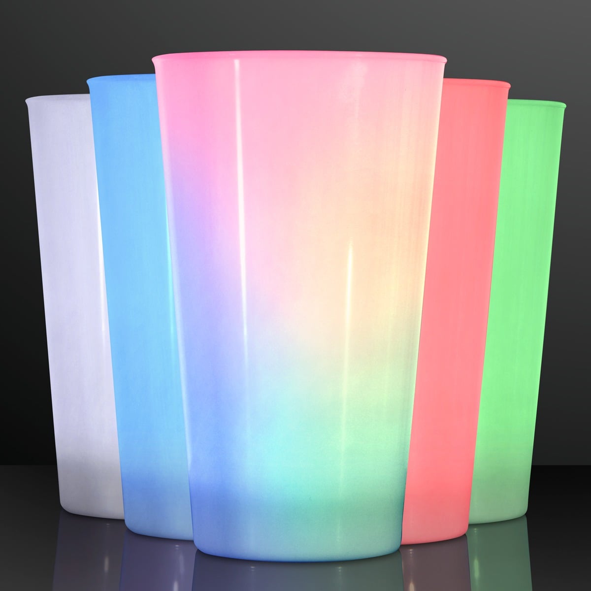 Five LED Glow Cups for Party Drinks are arranged in a row, each glowing a different color—white, blue, pink, red, and green—against a dark background.