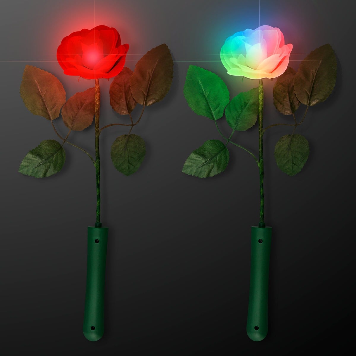 Two Light Up Roses with green stems, leaves, and handles: the left one glows red, while the right one shines in red, blue, yellow, and green lights against a dark background.