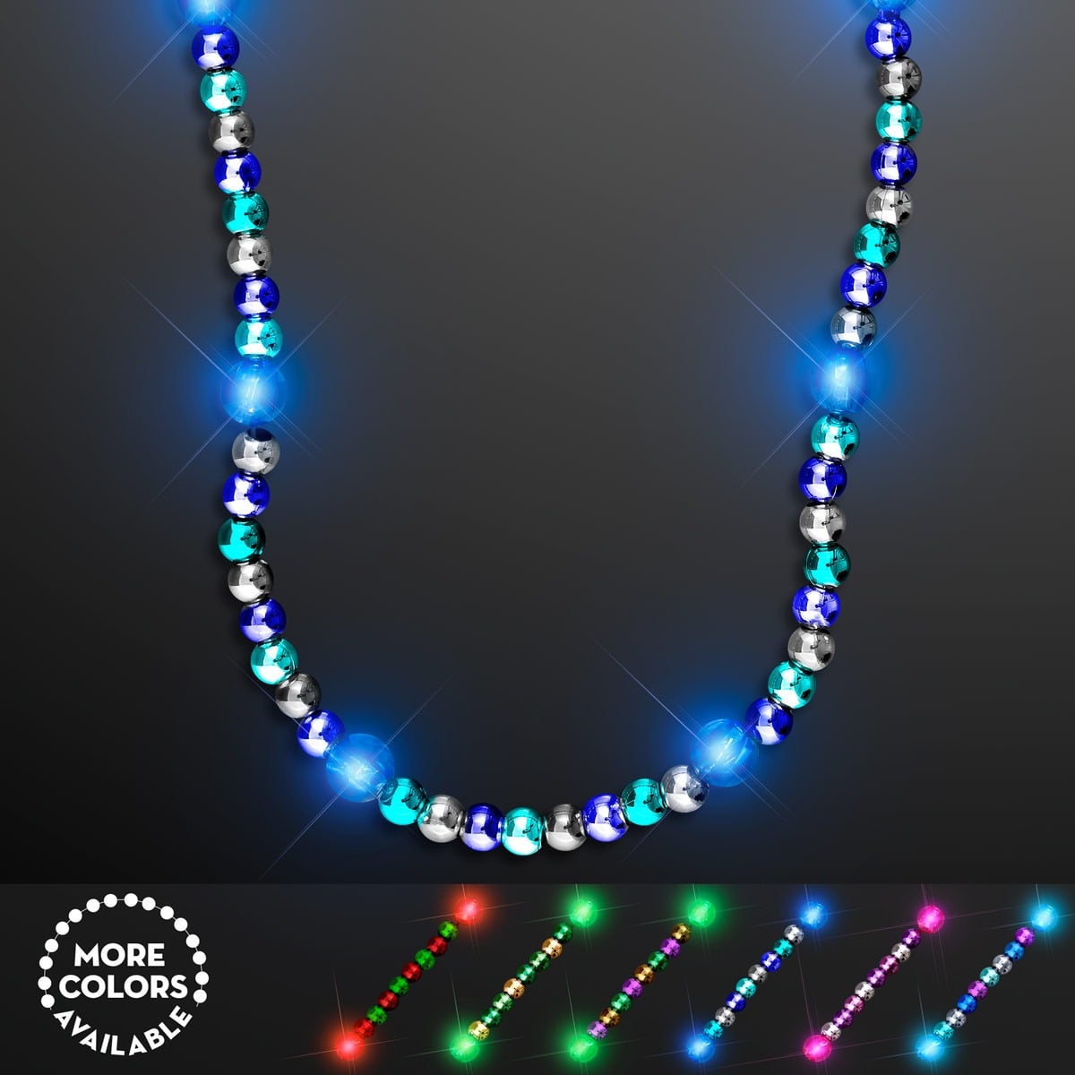 The Deluxe LED Beaded Necklace shines with alternating blue, green, and silver lights on a dark background. Below, images display the necklace in different color combos. Text says: "MORE COLORS AVAILABLE.