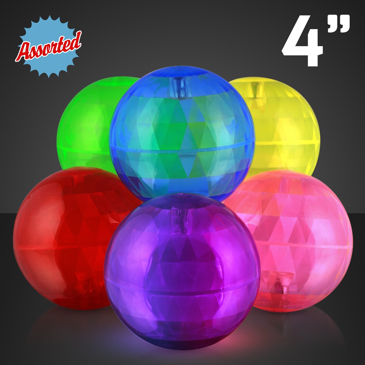 Four 4" Super Sized Air Bounce Balls with Flashing LEDs in assorted colors are grouped on a dark background. The words "4" and "Assorted" are displayed in the top corners.