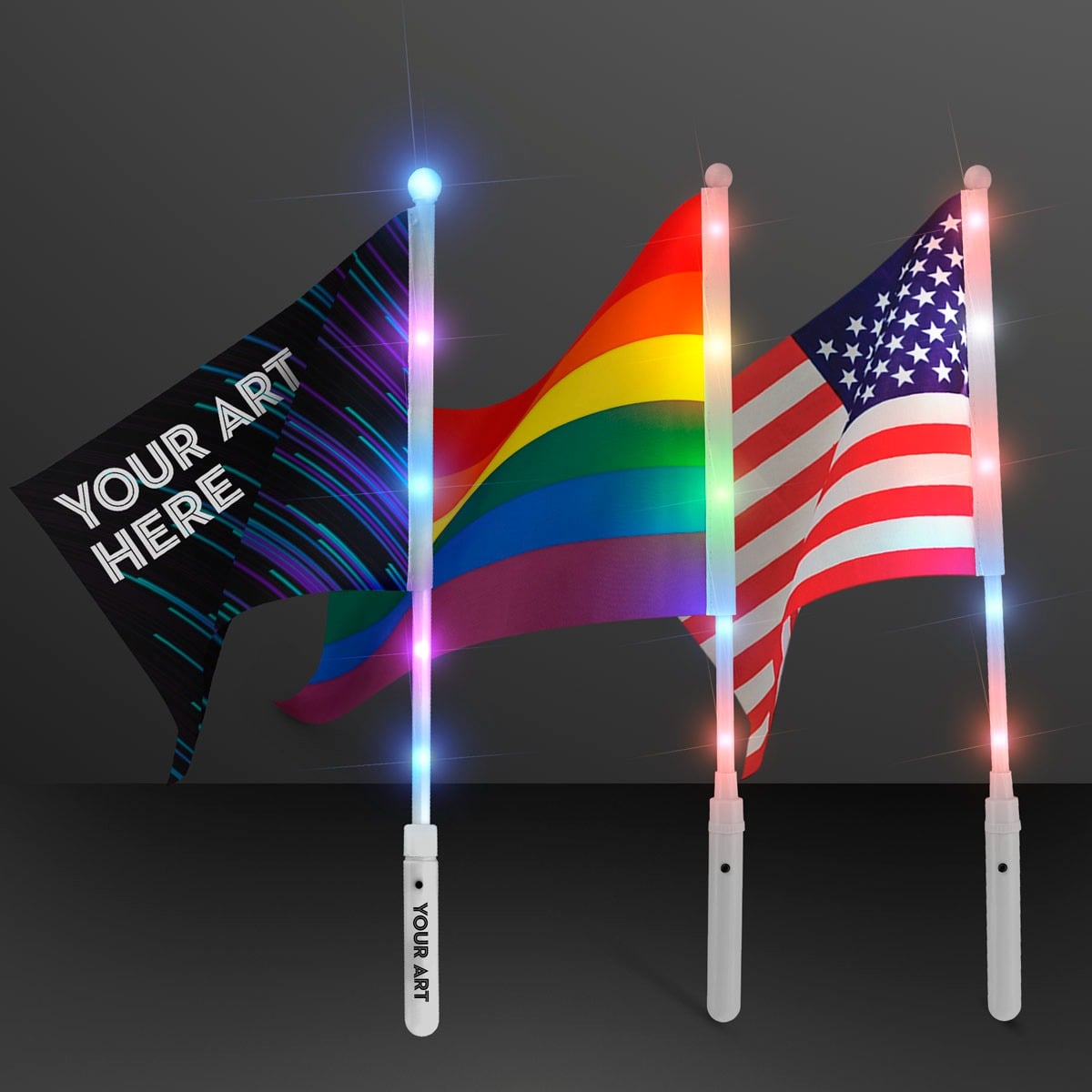 Three Light Up Festive Flags are shown: one with customizable art, one with a rainbow pride flag, and one with an American flag, each featuring a glowing multicolor LED handle.
