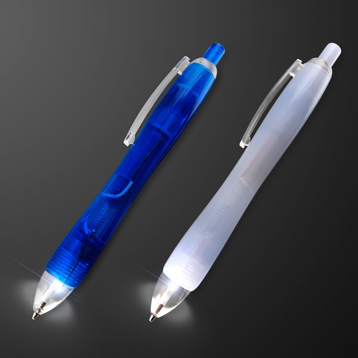 Two Light Tip Pens with White LED on a dark background—one with a transparent blue body, the other frosted white. Both feature illuminated pen tips and translucent side clips.