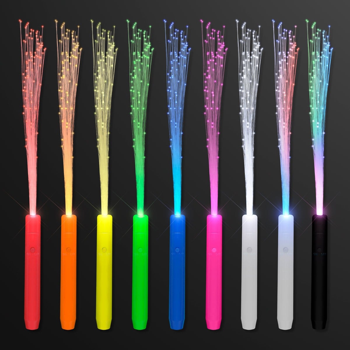 Ten Flashing Stick Wands with Sparkle Fibers in red, orange, yellow, green, blue, light blue, pink, white, gray, and black feature glowing handles and emit sparkling fibers that stand out against a dark background.