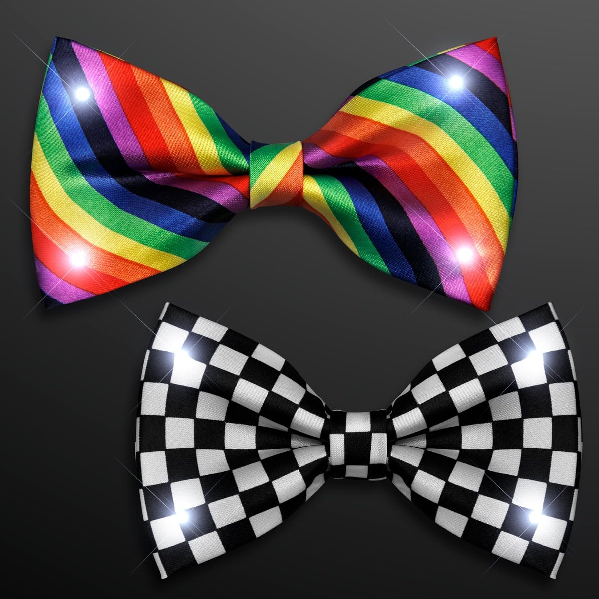 Two Light Up Bow Ties with LEDs: one on top has diagonal rainbow stripes with glowing LEDs, while the one below displays a black and white checkerboard pattern, also illuminated by LEDs.