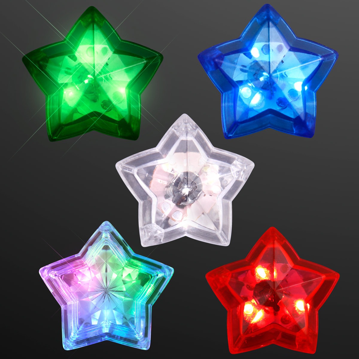 LED Star Rings: five star-shaped LED rings in green, blue, clear, multicolored, and red, shining brightly against a dark background.