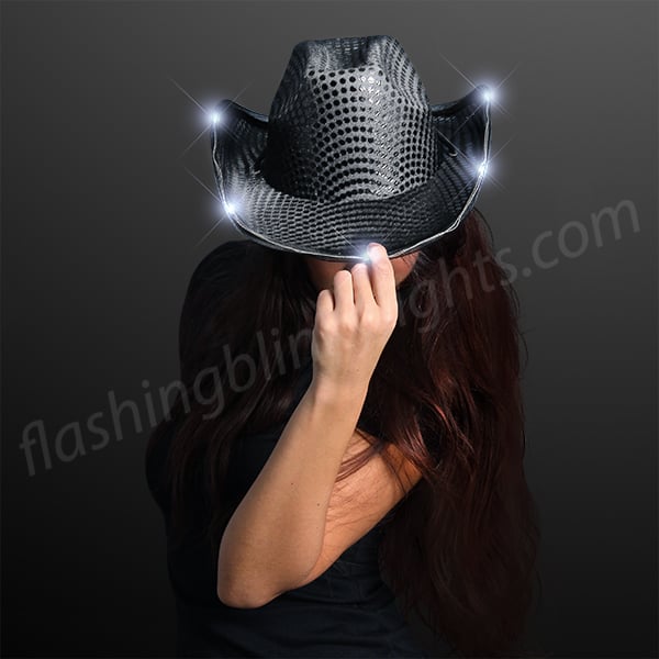LED Sequin Cowboy Hat with Fancy Stitching Black