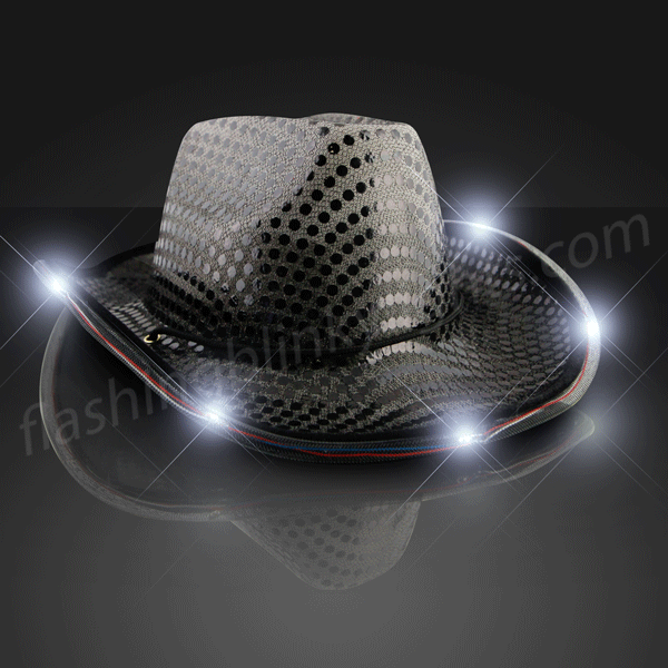 LED Sequin Cowboy Hat with Fancy Stitching Black 