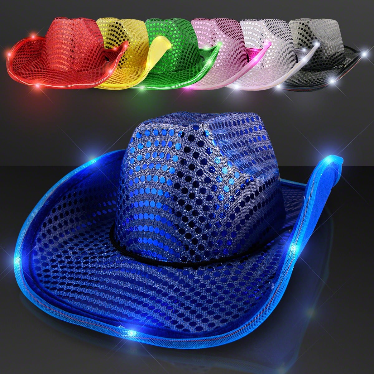 A Light up Sequin Cowboy with LED Brim in blue is in the foreground, with seven more light-up sequin cowboy hats in various colors and LED brims arranged in a row above it.