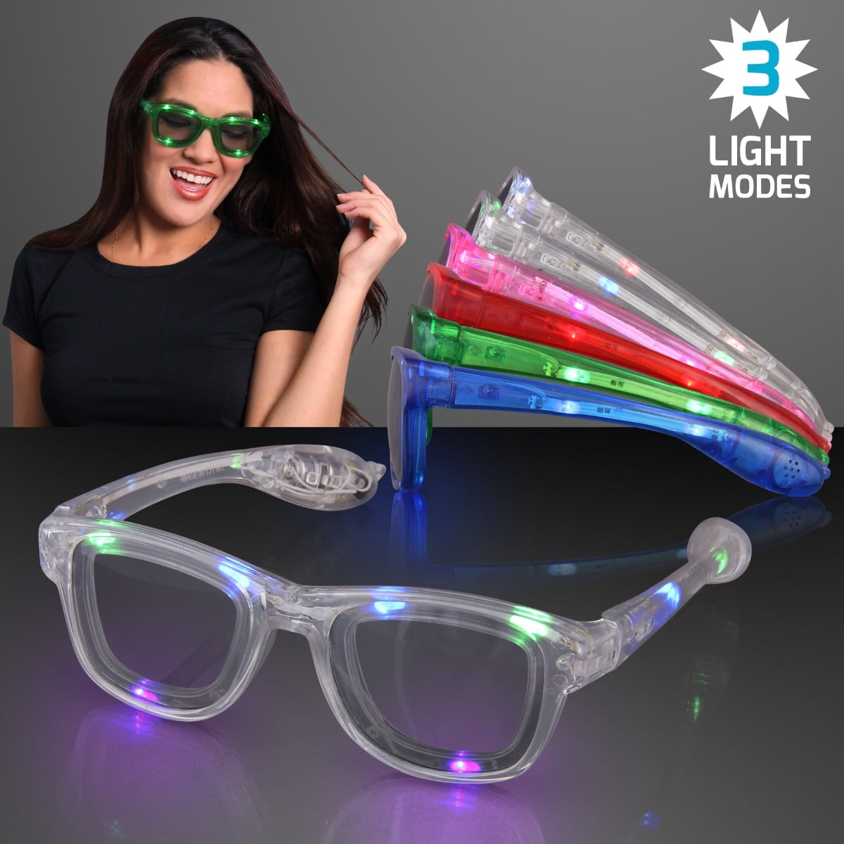 A woman wears Cool Light Up Shades Party Glasses with green lights. Below, several pairs in clear, green, red, pink, and blue are displayed. "3 light modes" appears in the top right corner.