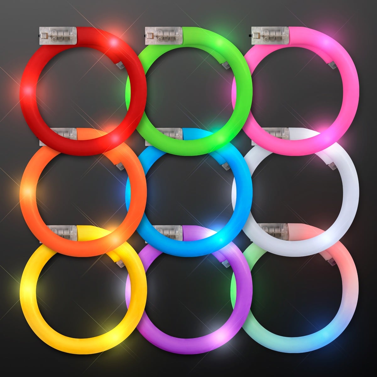 Nine vibrant Light Up Tube Wrap Bracelets in single colors—red, green, blue, orange, pink, yellow, purple, white, and cyan—are arranged in a 3x3 grid on a dark background with glowing highlights and reflections.
