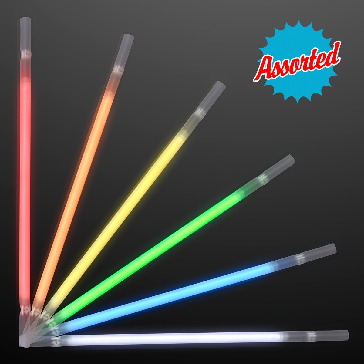 Six Glow Straws for Light Drinks in red, orange, yellow, green, blue, and white are arranged in a fan shape on a dark background. A blue burst with "Assorted" in red appears in the corner.