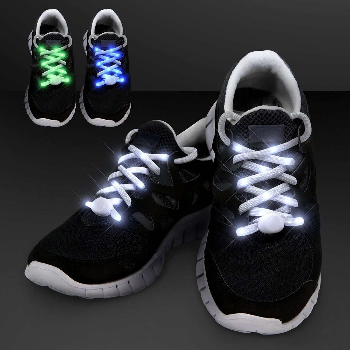 Light Up Shoelaces for Night Runs: Black sneakers with white soles feature white lights on the shoes. Inset images show the shoelaces glowing green and blue.