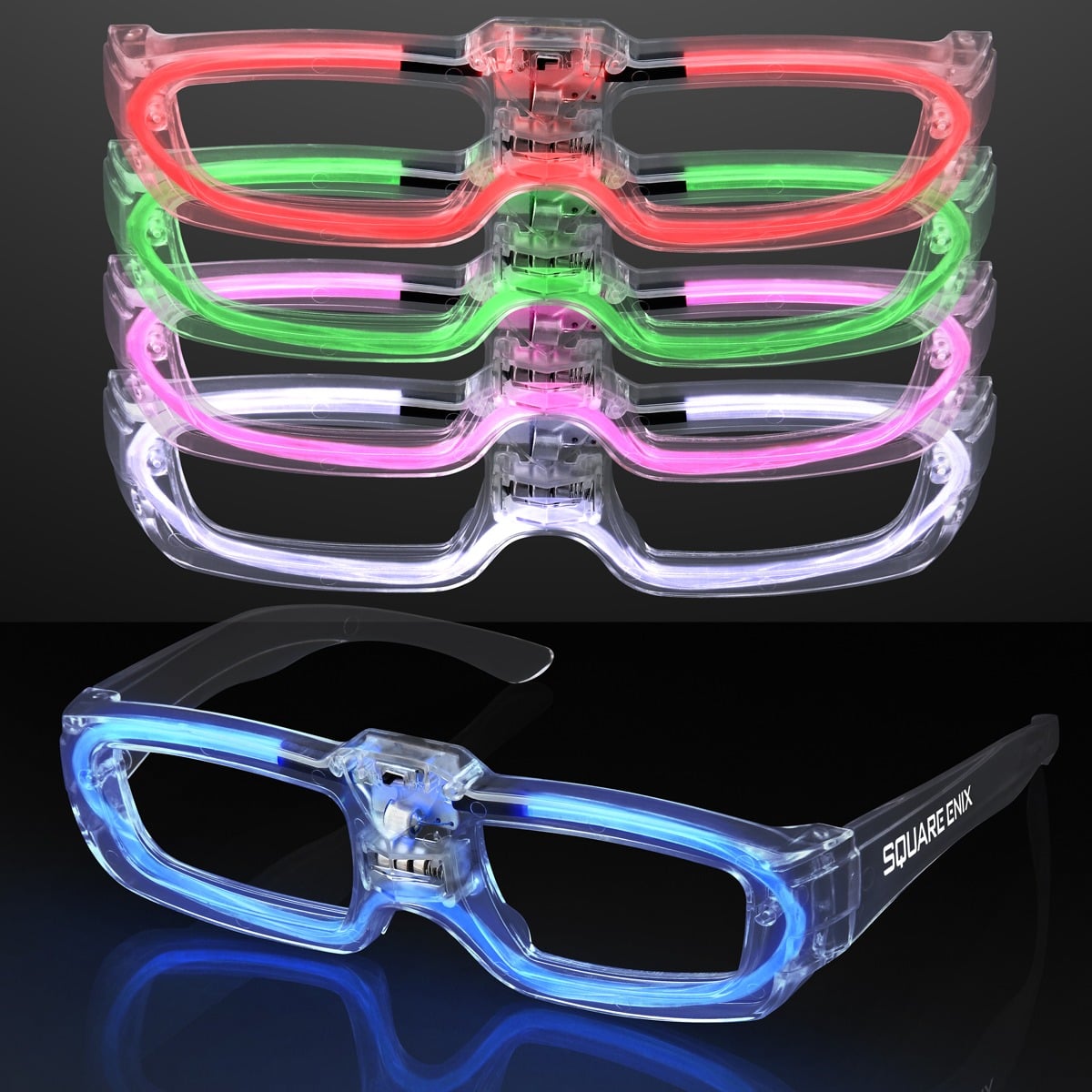 Five pairs of Sound Activated Lights Party Shades in green, red, purple, pink, and blue glow vividly. The blue pair at the bottom features SQUARE ENIX printed on the temple. All are displayed against a black background.