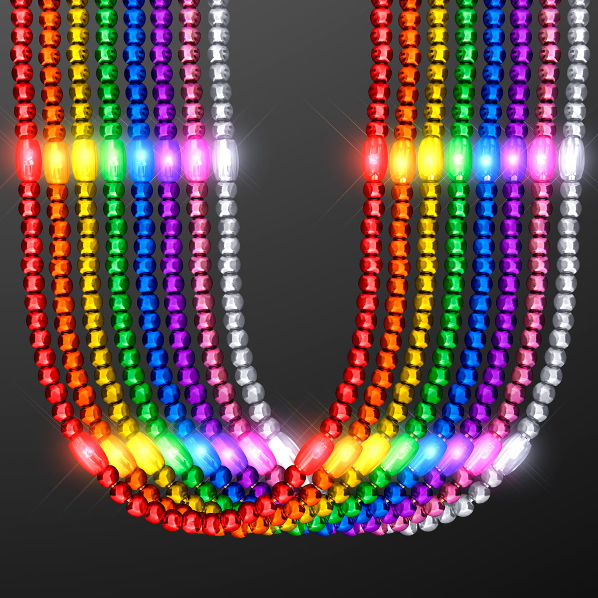 The Party LED Bead Necklace features multiple strands of beads in red, orange, yellow, green, blue, and purple that glow brightly against a dark background.