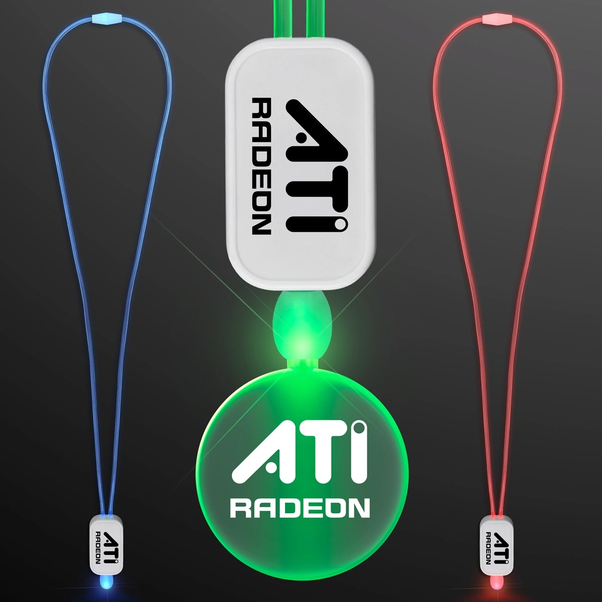Three Lanyards with Acrylic Circle Pendants: one pendant glowing green in the center, flanked by unlit blue and red versions on each side, each featuring a rectangular case and neck cord.