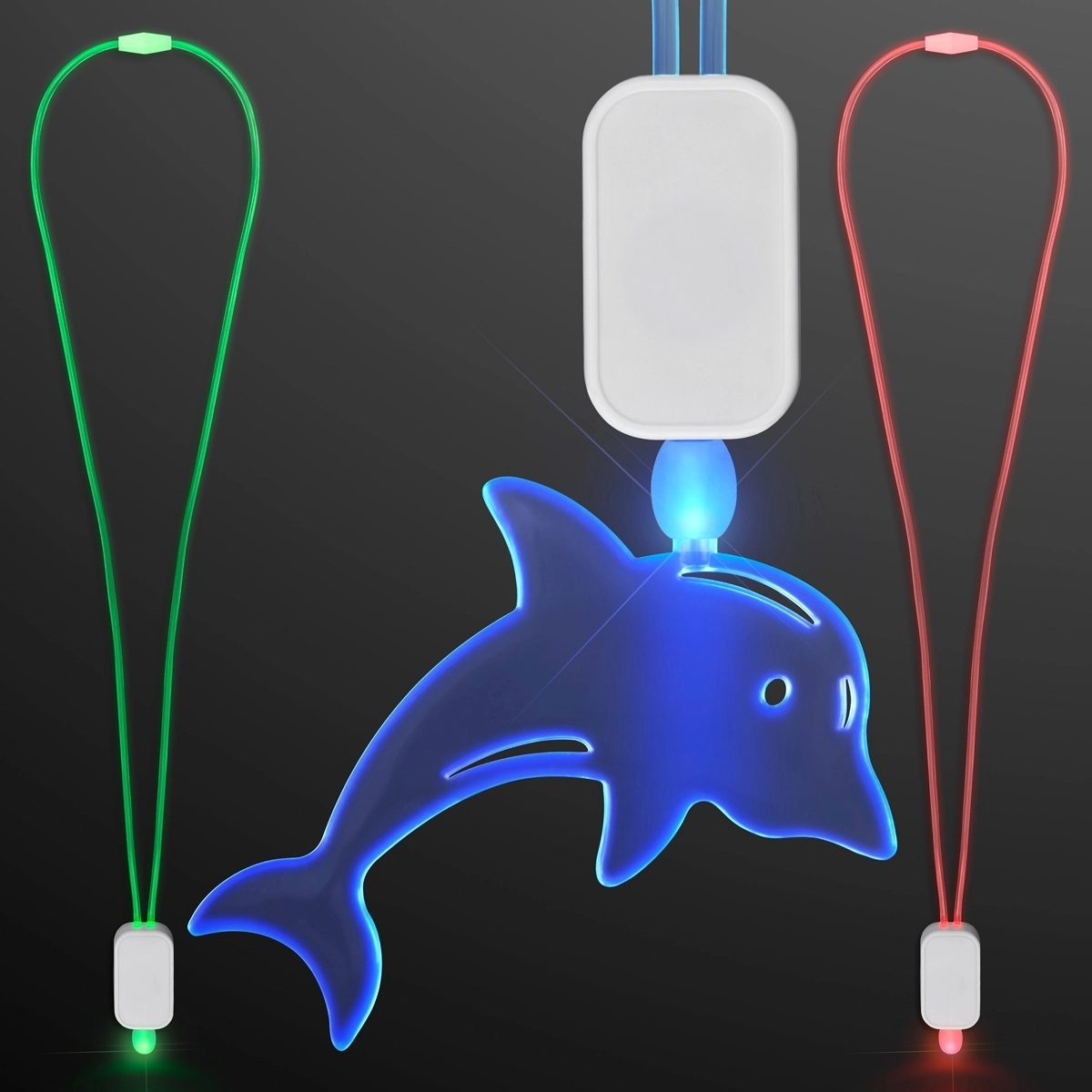 Three Lanyards with Acrylic Dolphin Pendant are shown on a dark background: one features a glowing blue dolphin, another glows red, and the third glows green, each attached to a white rectangular base.