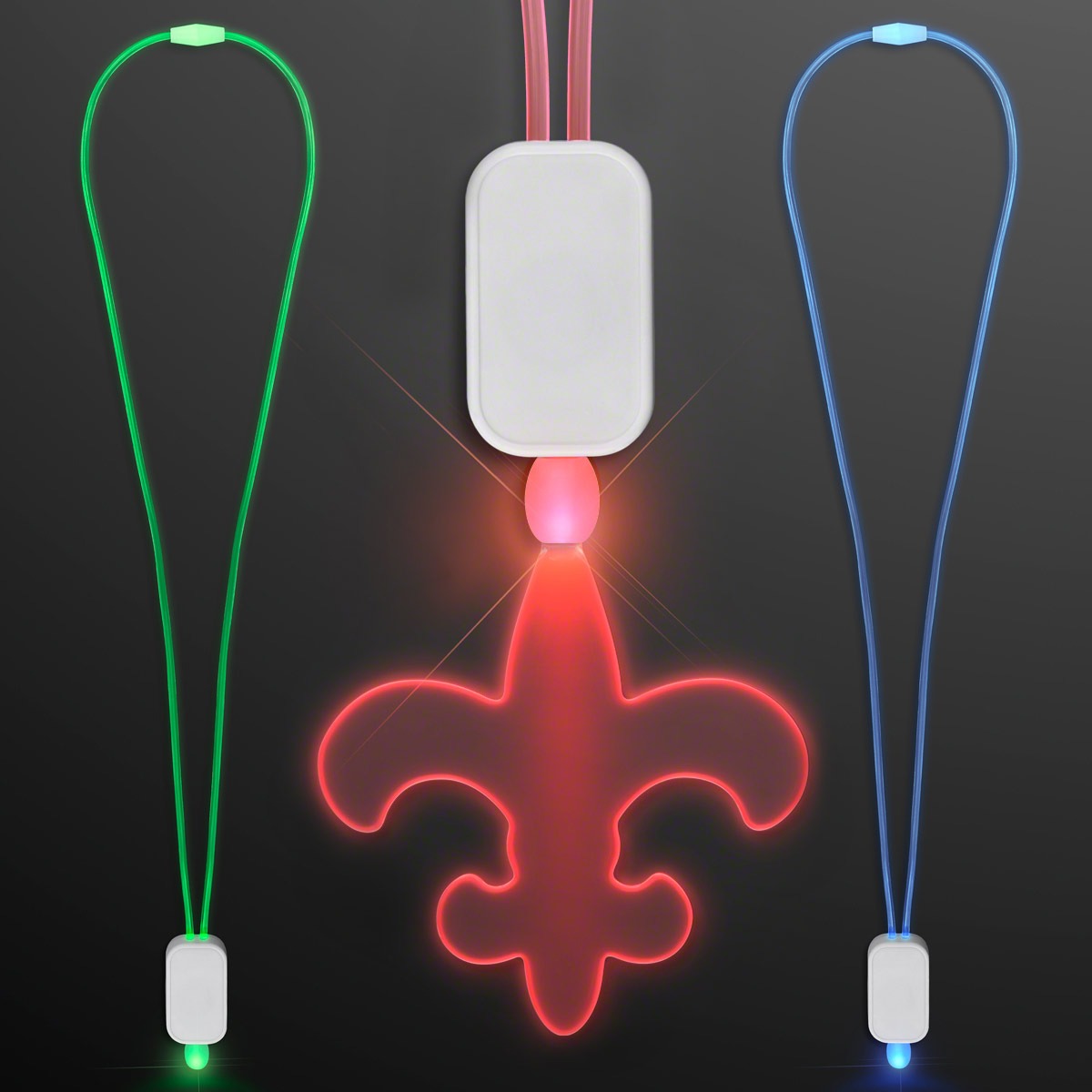 Three Lanyards with Acrylic Fleur De Lis Pendants hang against a dark background: one green, one blue, and one red. The red pendant projects a glowing fleur-de-lis pattern onto the surface below.