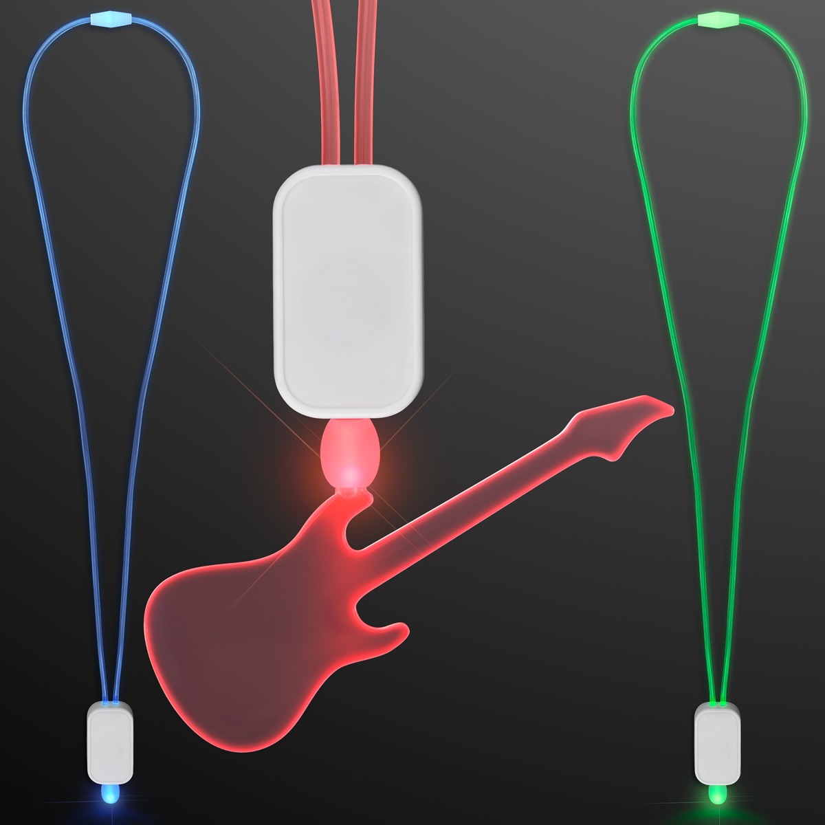 A Lanyard with Acrylic Guitar Pendant glows red, featuring an electric guitar shape, while two plain blue and green glow necklaces each have a rectangular pendant. All are shown against a dark background.