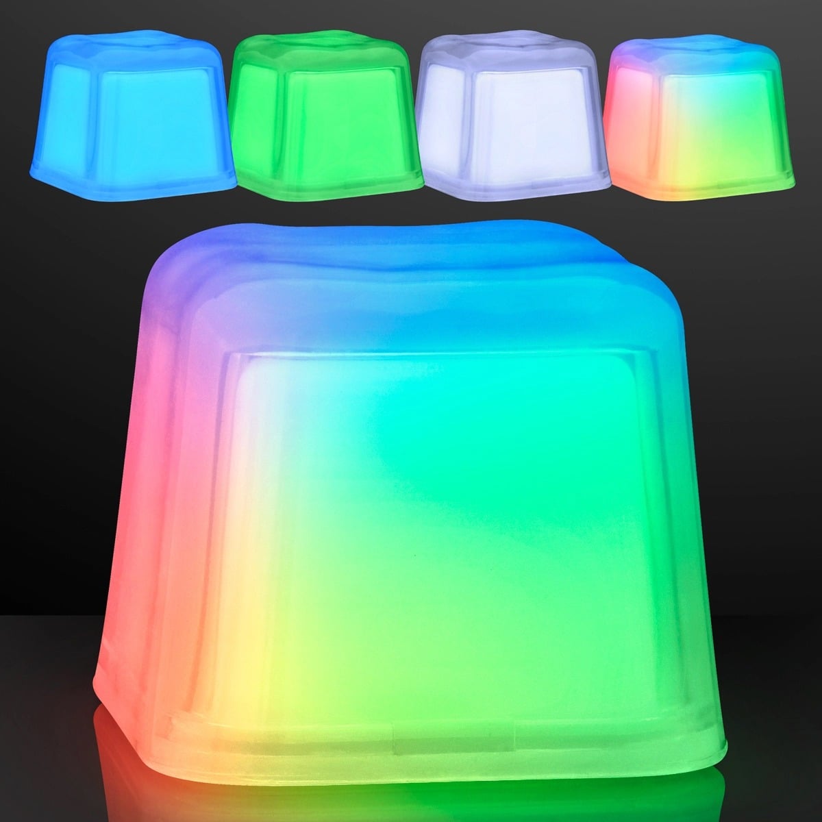 Five Hollywood Ice Light Up Ice Cubes are displayed, glowing in green, blue, red, and purple hues on a reflective black surface against a dark background.