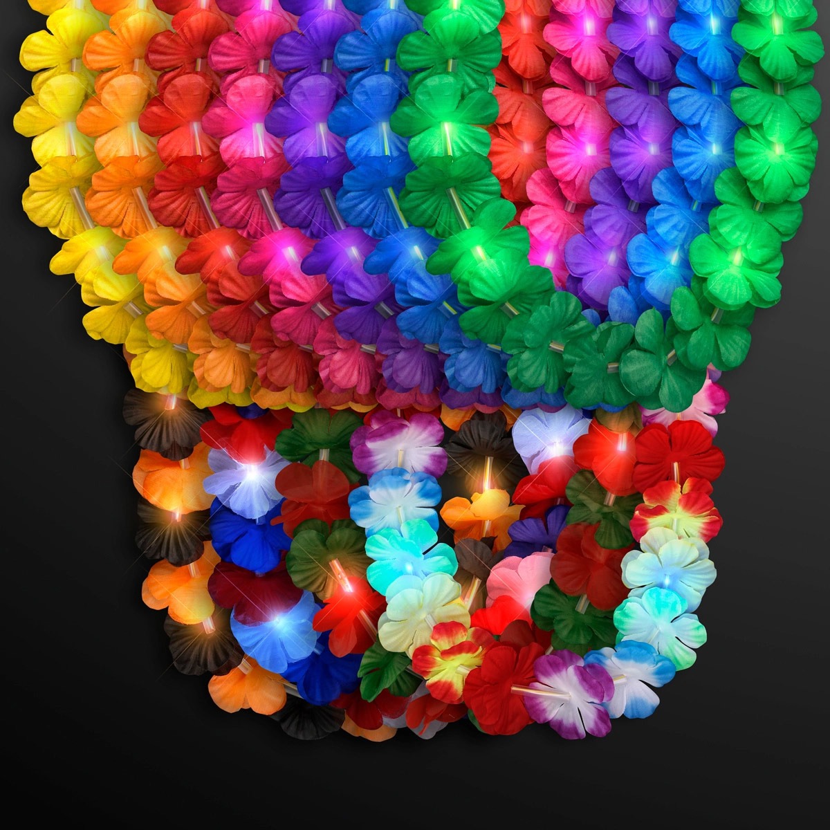 A skull made of colorful, overlapping Light Up Hawaiian Leis is arranged on a dark background, creating a vibrant and festive luau-inspired design.