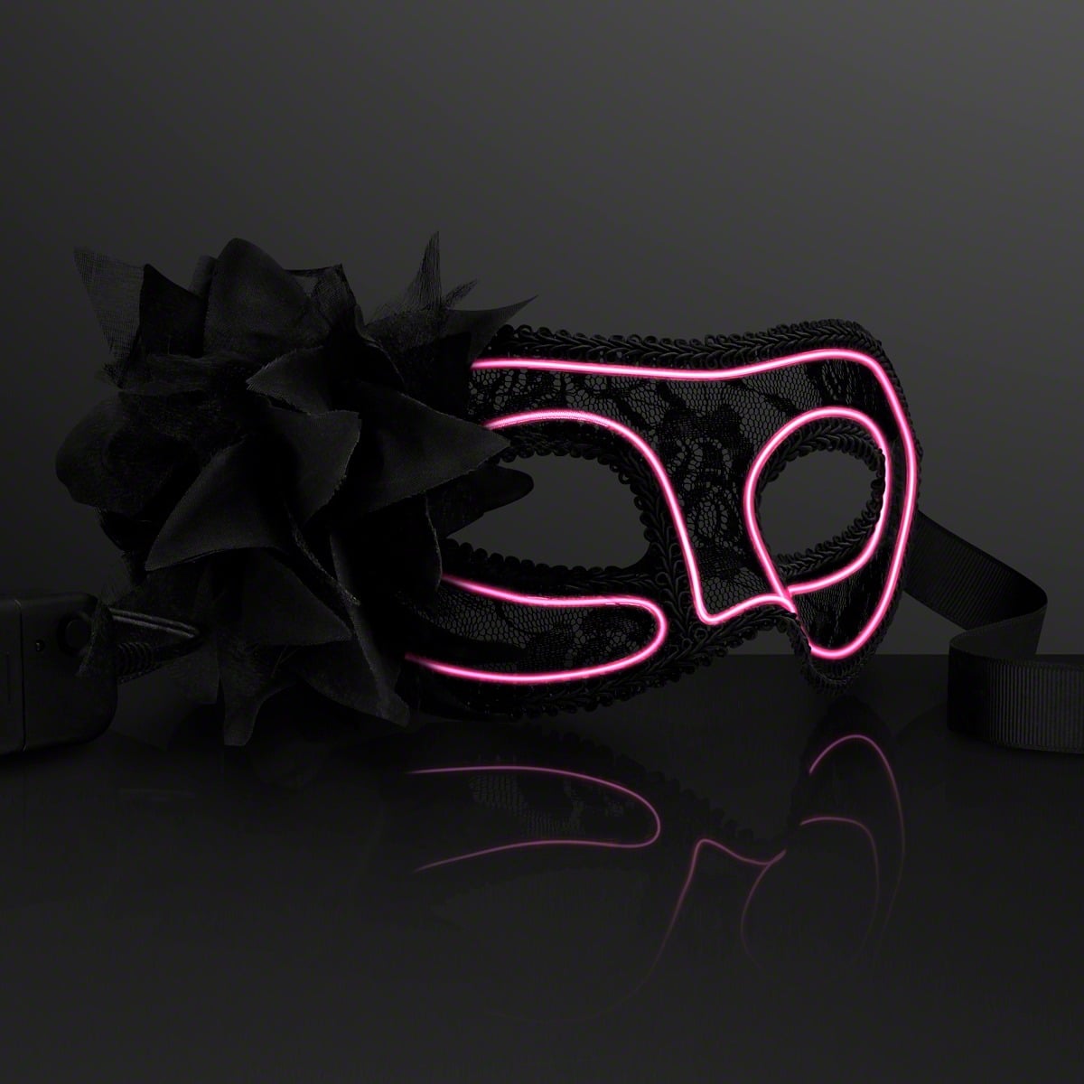 The EL Wire Glow Mask is a black lace masquerade mask featuring a large black fabric flower on one side and pink neon trim, shown against a dark reflective background.