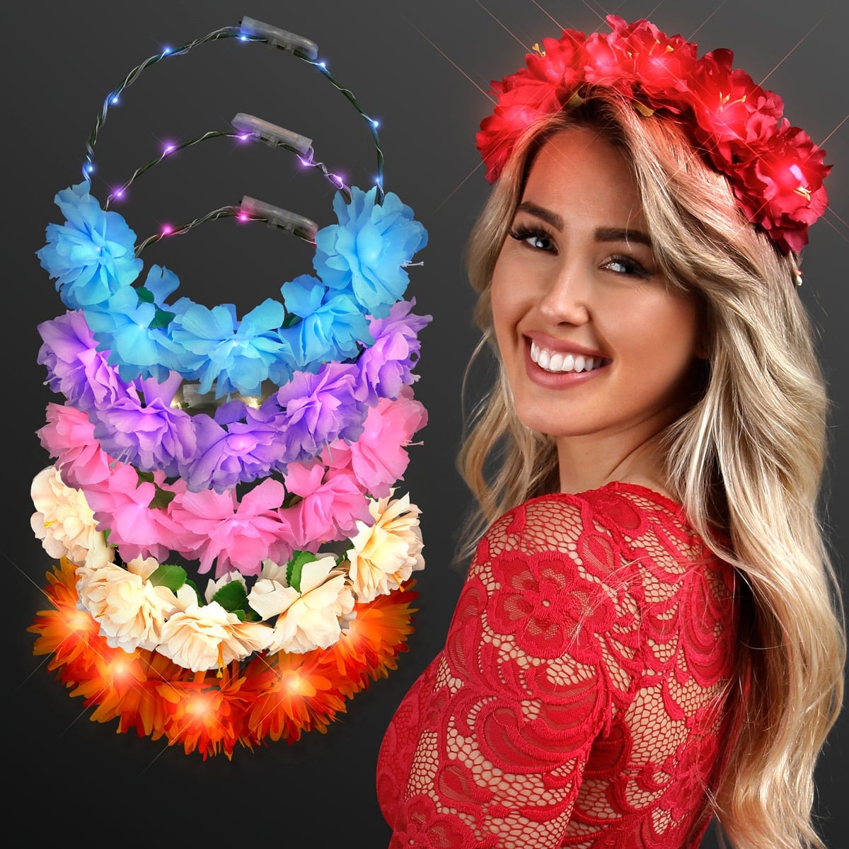 A smiling woman in a red lace dress wears a Light up Flower Crown Headband in red, with five more flower crowns—blue, purple, pink, white, and orange—featuring small glowing LED lights beside her on a dark background.