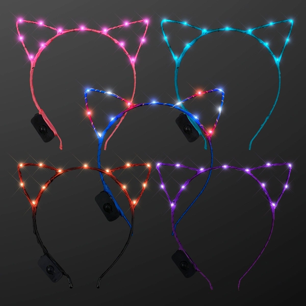 Five Starlight Kitty Cat Ears Headbands with LED lights in pink, blue, and purple are shown on a dark background. Each headband features small glowing lights outlining the cat ear shapes.