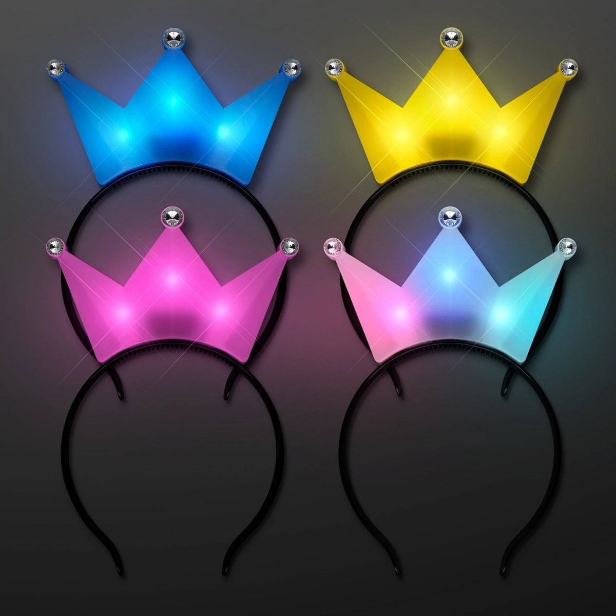 Four LED Crown Tiara Headbands—each in blue, yellow, pink, and light blue—are shown on a dark background. Each black headband features a glowing five-point crown with shiny bead-like details at the tips.